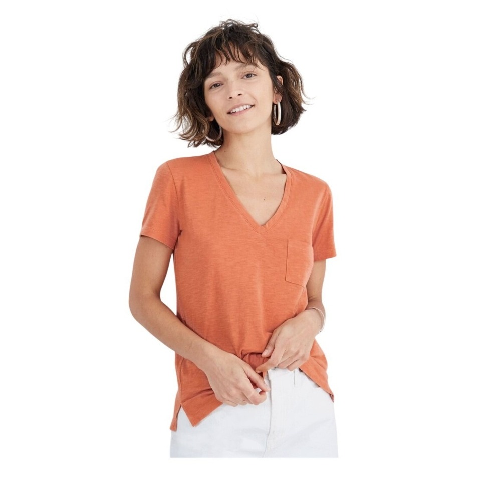 Madewell Whisper Cotton Pocket Tee Orange V-Neck Short Sleeve Top S
